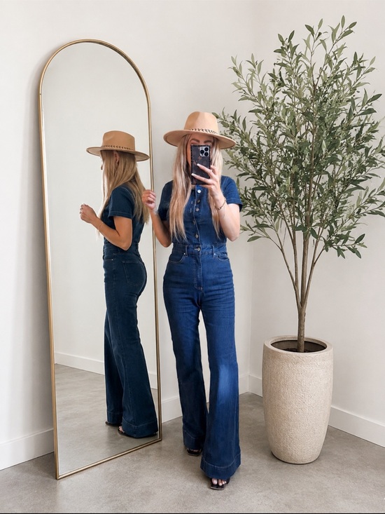 Pants - Denim Button-Front Short Sleeve Jumpsuit - Blue